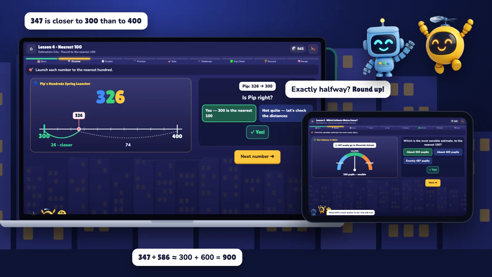 Digi's Estimation Quest on a laptop and a tablet: Pip's Hundreds Spring Launcher sends 347 along a number line to 300, and the Estimate-O-Meter shows a sensible estimate.