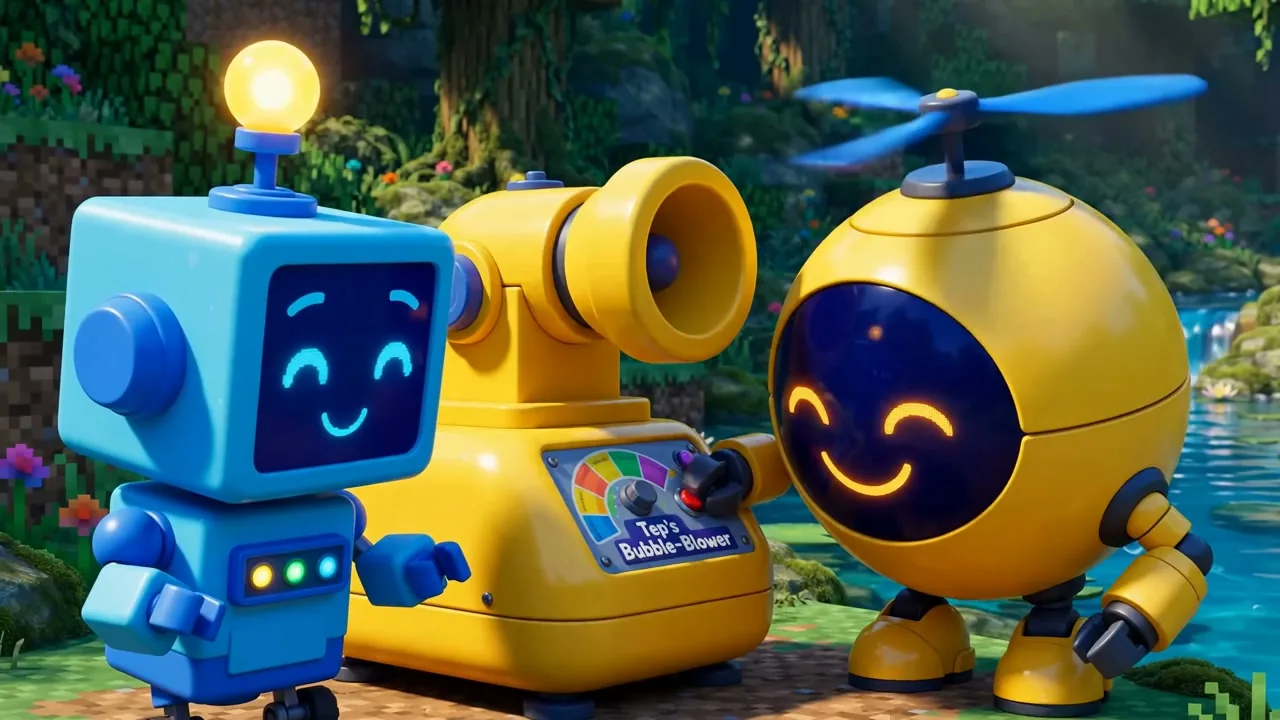 Digi, the blue cube robot, beside Pip, the yellow round robot with a rotor, and his Tens Bubble-Blower by a stream in Rounding Valley