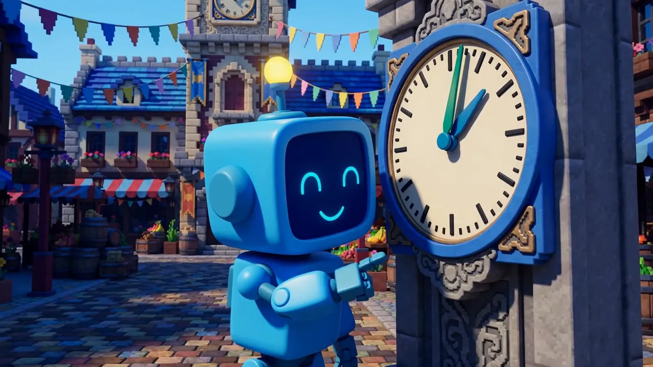 Digi smiling beside a big clock in Clocktower Town, with a green minute hand and a blue hour hand