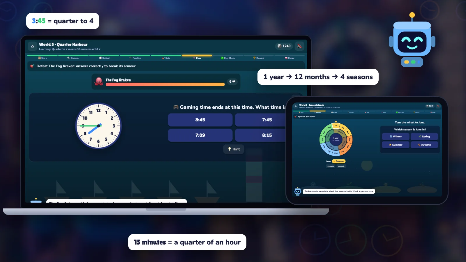 Digi's Time Quest on a laptop and a tablet: a boss challenge asks what time an analogue clock shows, and the year wheel shows June in summer.